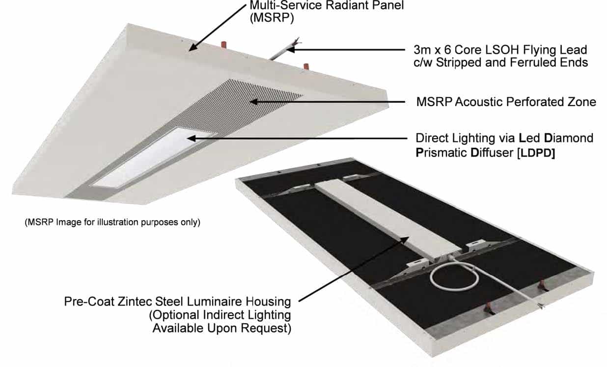 A graphic showing the top and bottom of FTF Group's® Multi-Service Radiant Panel with a LED Diamond Prismatic Diffuser (LDPD) A graphic showing the top and bottom of Frenger's® Multi-Service Radiant Panel with a LED Diamond Prismatic Diffuser (LDPD)