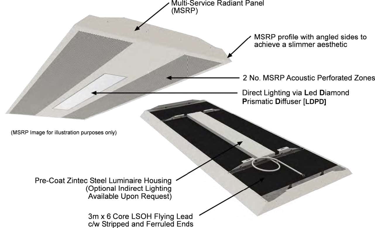 A graphic of FTF Group's® Multi-Service Radiant Panel (MSRP) with LED Diamond Prismatic Diffuser (LDPD) and angled sides A graphic of Frenger's® Multi-Service Radiant Panel (MSRP) with LED Diamond Prismatic Diffuser (LDPD) and angled sides