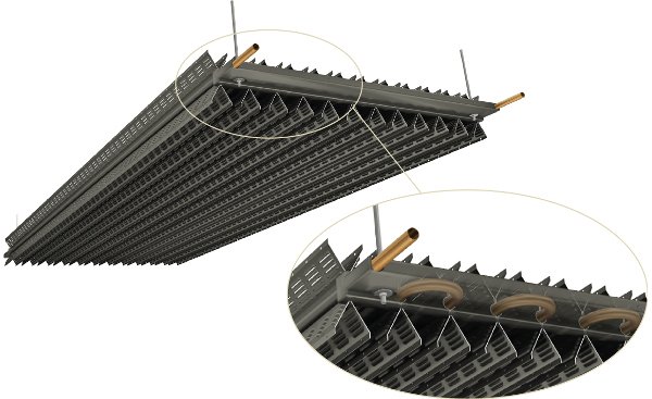 A render of FTF Group's X-Wing Radiant Passive Chilled Beam with a closeup of the sinusoidal copper coils A render of FTF Group's X-Wing Radiant Passive Chilled Beam with a closeup of the sinusoidal copper coils