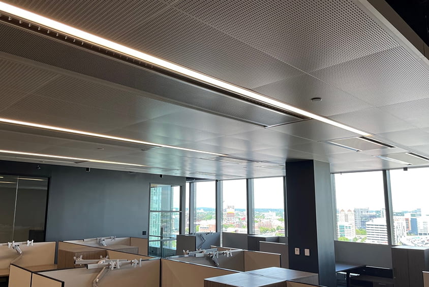 FTF's Eco Ceiling Integrated Chilled Beams installed inside Hub on Causeway Ceiling Integrated Chilled Beams