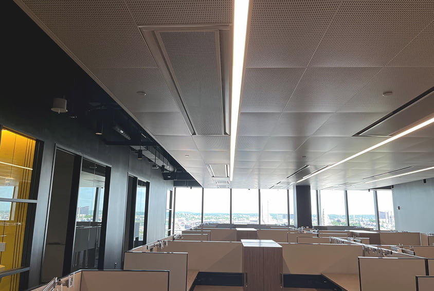 FTF Group's Eco range of Ceiling Integrated Chilled Beams inside Hub on Causeway Hub on Causeway HVAC